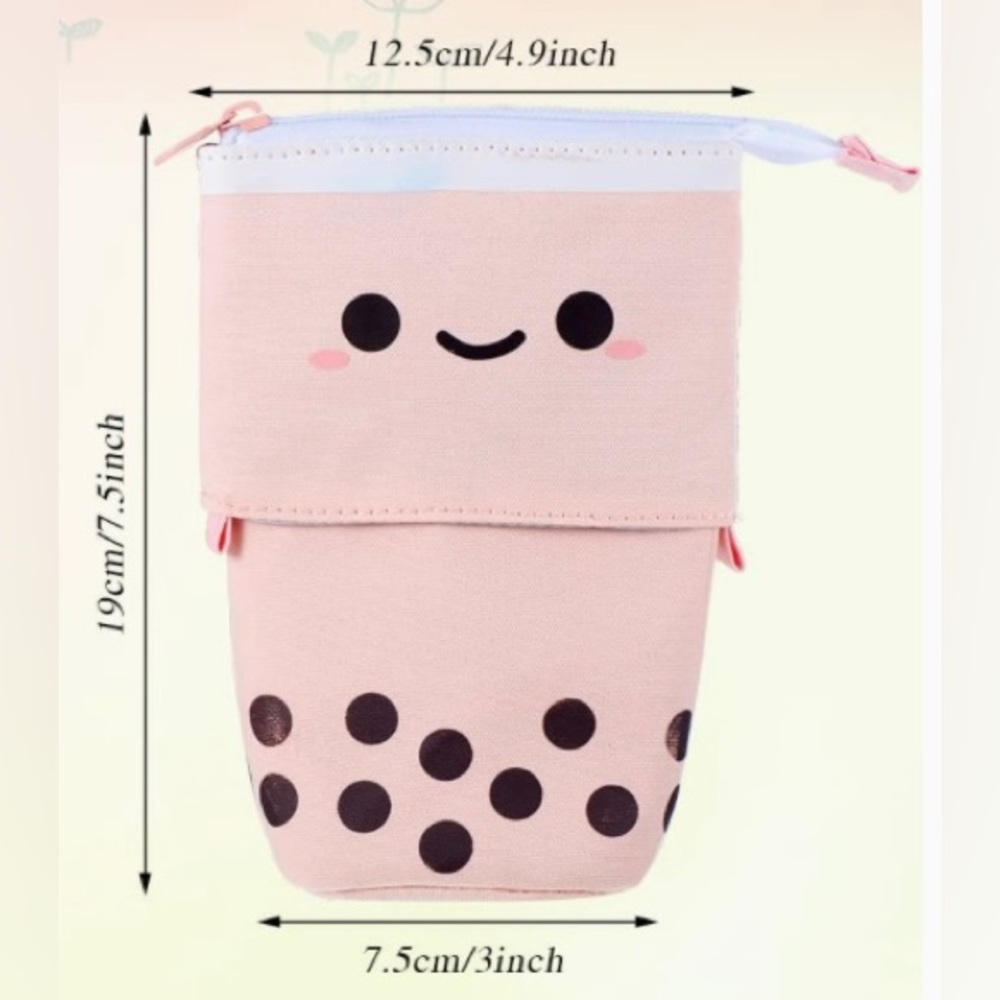Happy Smiley Boba Milk Bubble Tea Adjustable Slide Pen Pouch - Beige & Pink View 6
